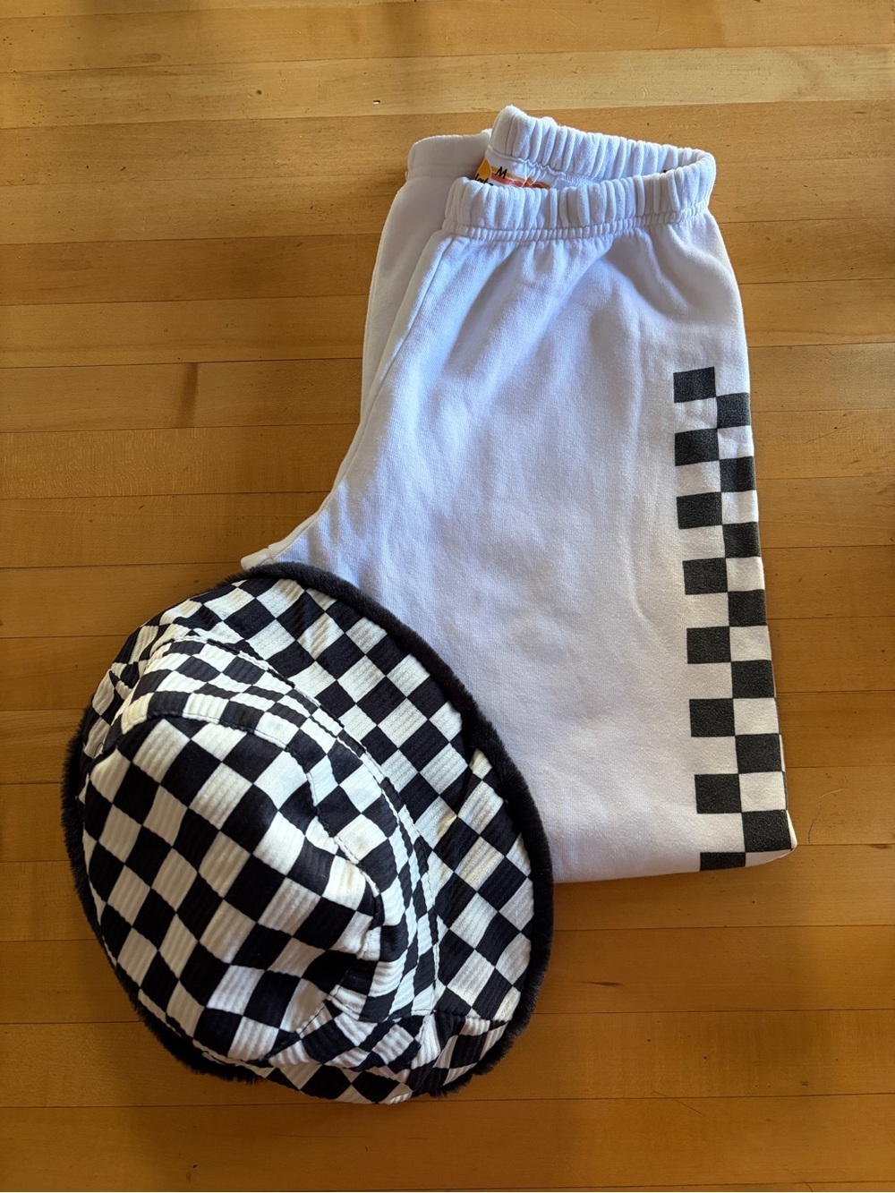 Aviator Nation White Track Pants with Black Checker Side Stripe